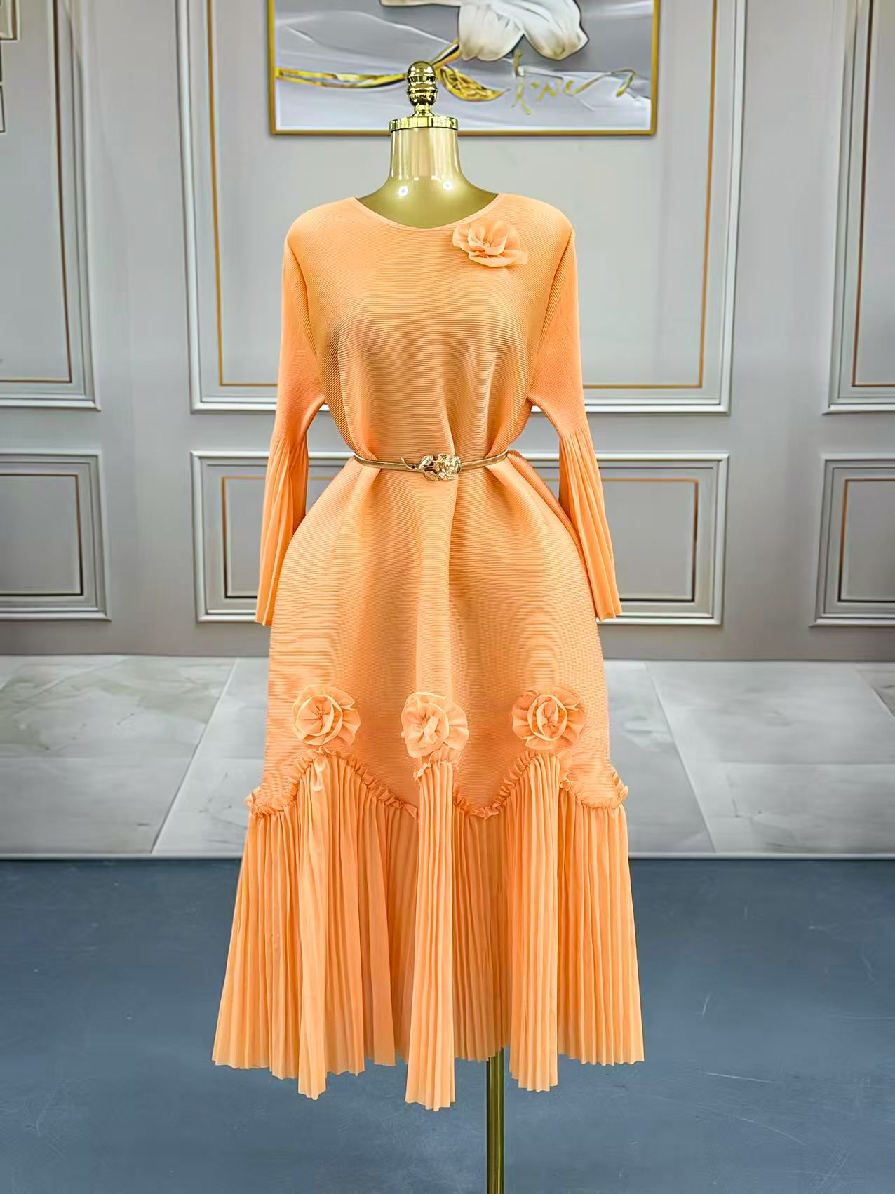 Women's Dresses Chic Floral Patterned Long Sleeve Gown with Decorative Fringe Accents 25311