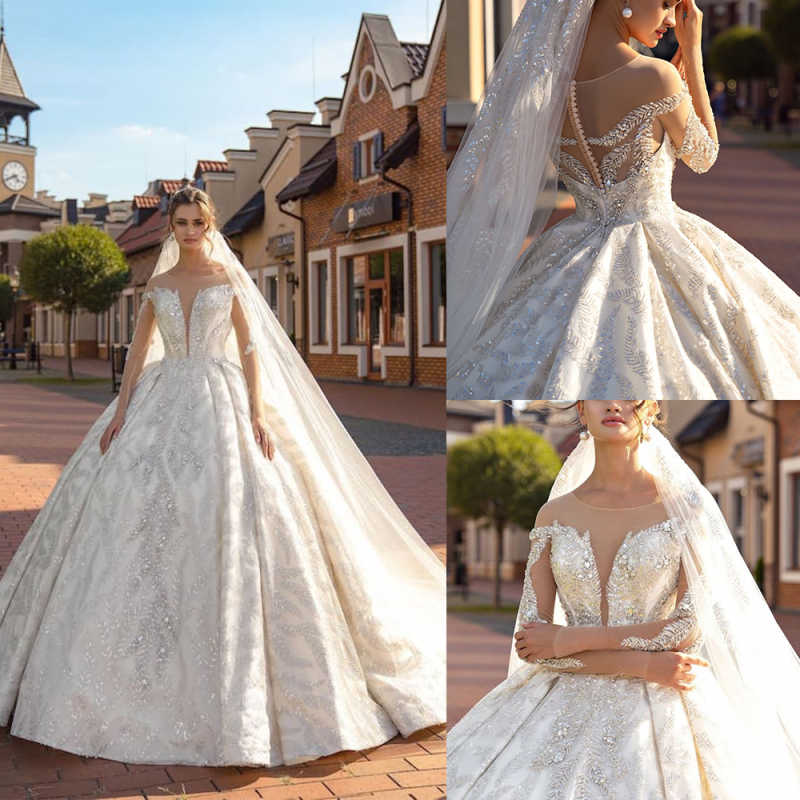 Fashion Crystal Beading Ball Gown Wedding Dresses Elegant Long Sleeve Bridal Gowns Customized Glitter Lace Robe De Mariee