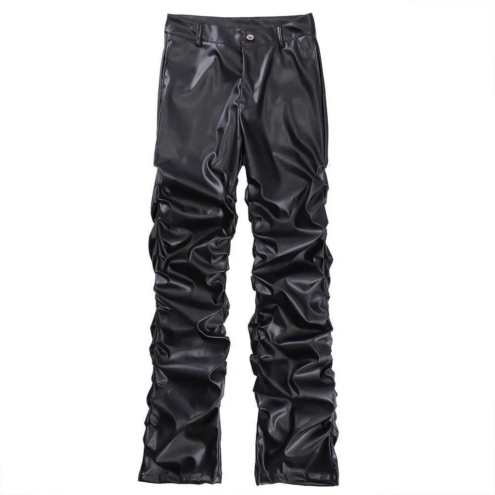 Mens Leather Pants Dark Punk Niche Design Bright Pleated Leather Pants Mens Hip-hop Loose Casual Pants for Men W250819