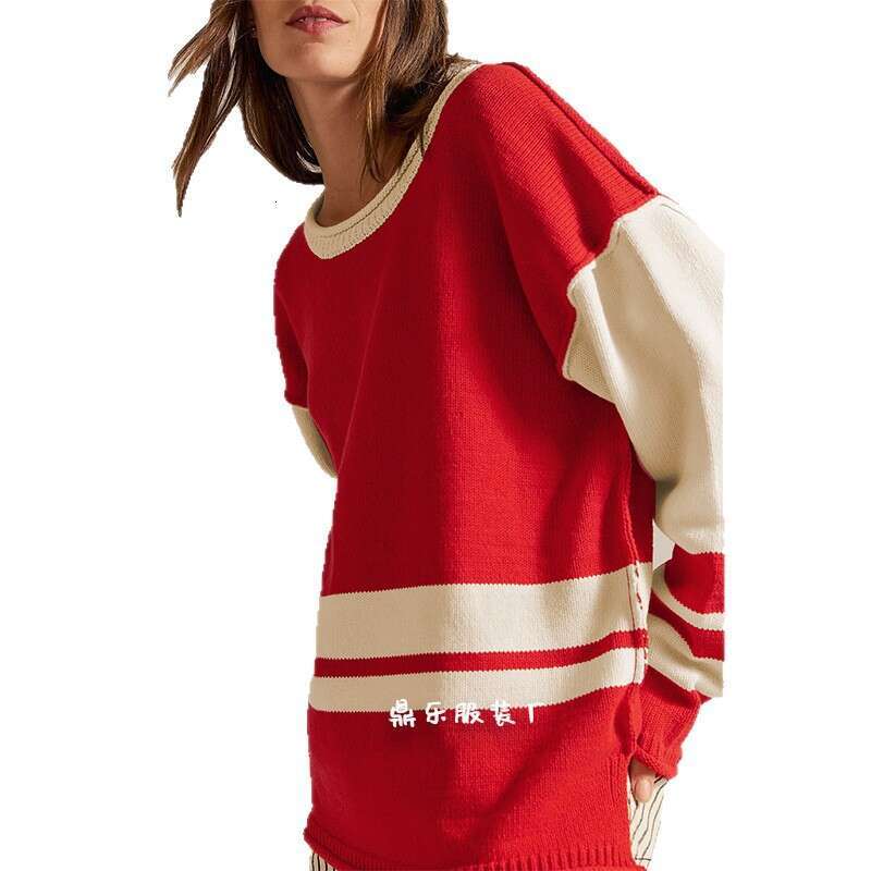 New Autumn Winter Pullover Women's Color Block Round Neck Loose Versatile Knitted Sweater B3