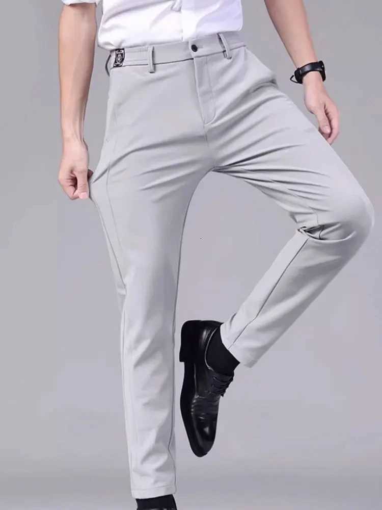 Mens Casual Pants Semi Elastic Waistband Nylon Ice Silk Elastic Straight Tube Light Gray Business Gentleman Summer Casual W250819
