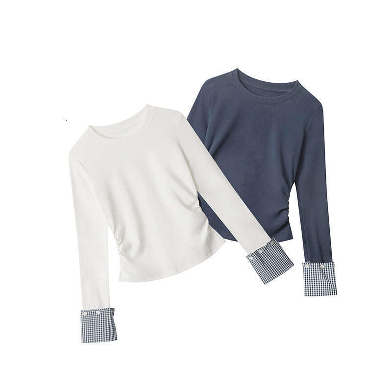 Waist-Cinching Ruched Patchwork Design Top For Women, Niche Early Spring And Autumn Color-Block Slimming T-Shirt B5