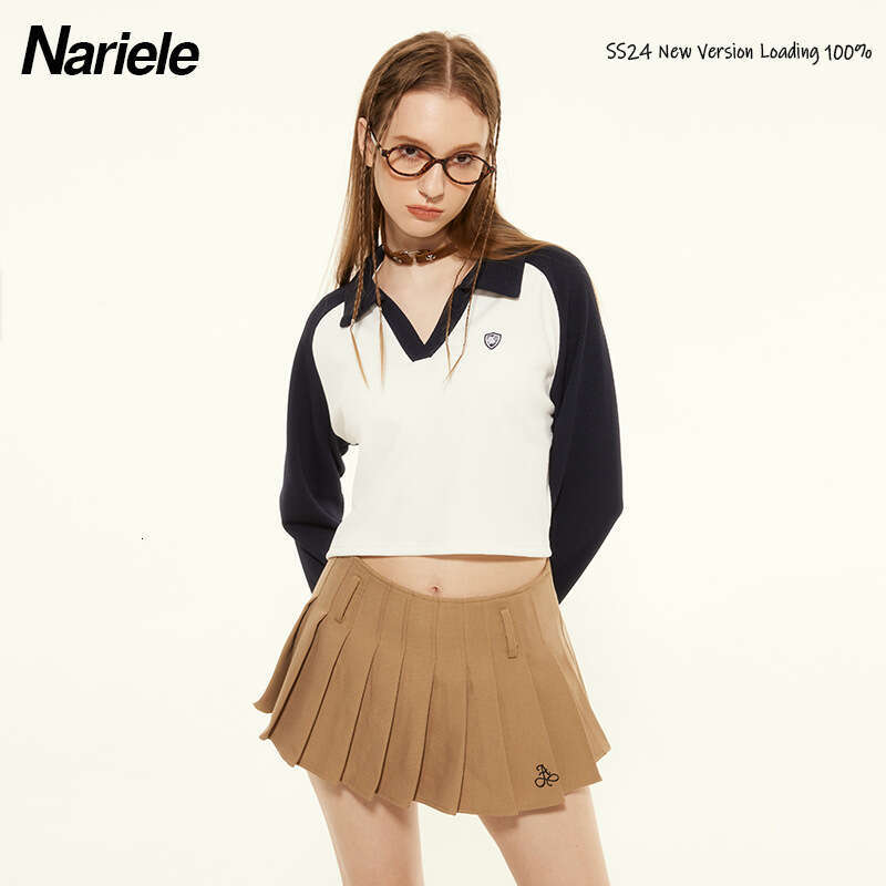 Spring New American Style Hot Girl Slim Fit Short T-Shirt Color Block V-Neck Long Sleeve Top For Women B5