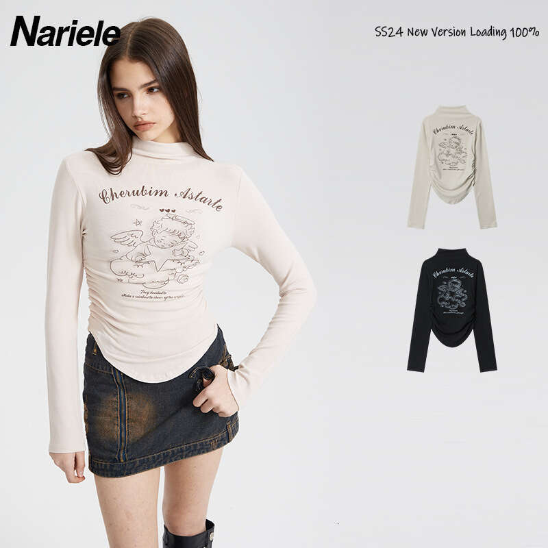 Angel Print Ruched Design Spring Long Sleeve T-Shirt For Women Pure Desire Style Sexy Short Top B3