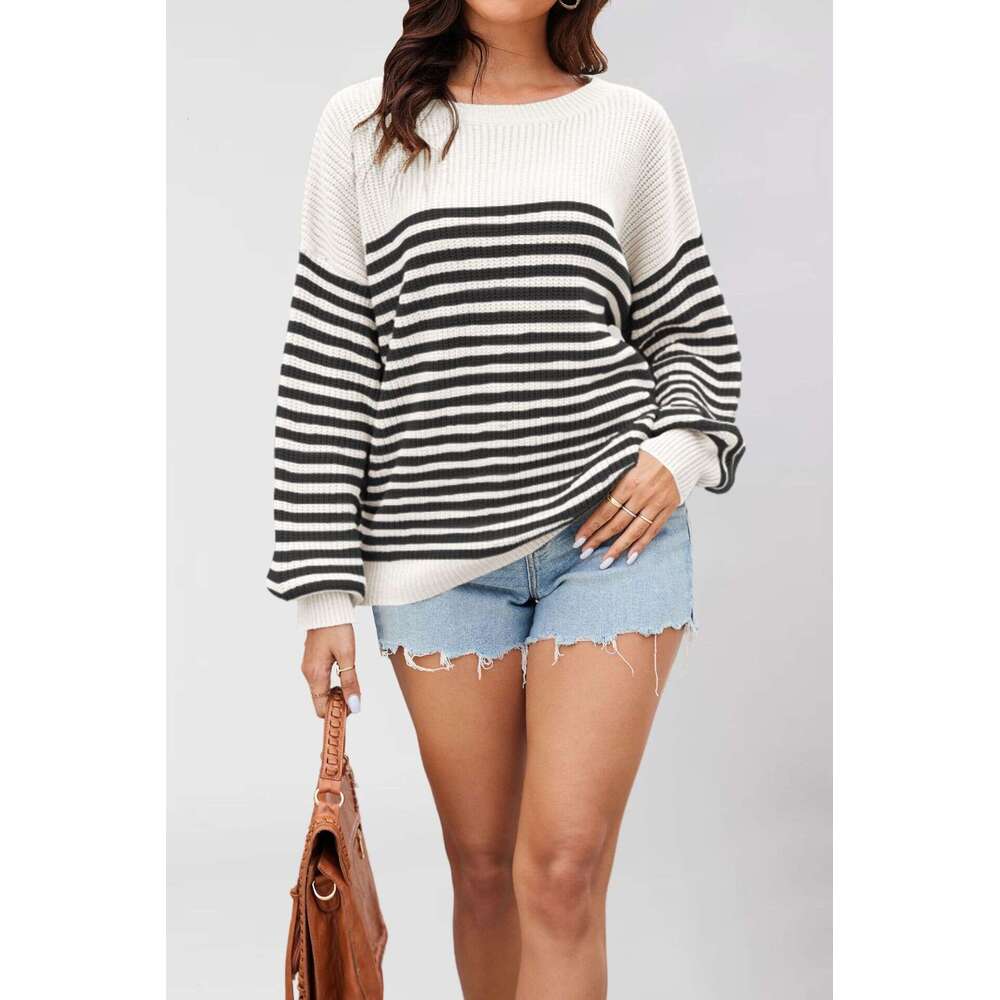 Autumn Winter New Women's Tiktok Casual Striped Color Block Knitted Round Neck Plus Size Sweater Top B5