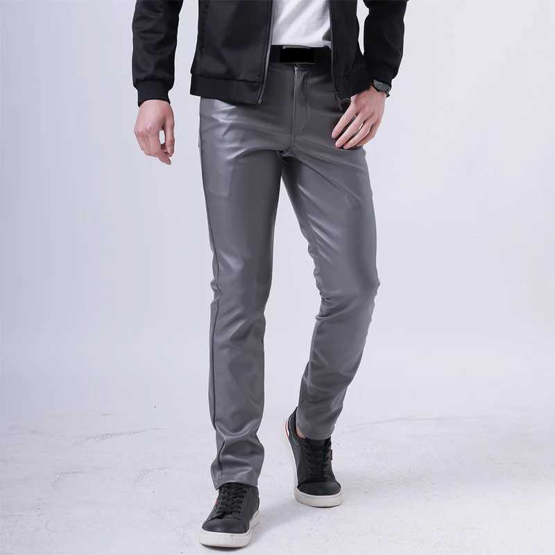 Men Leather Pants Skinny Fit Elastic Fashion PU Leather Trousers Motorcycle Pants Wet Look Stretch Faux Leather Streetwear W250819