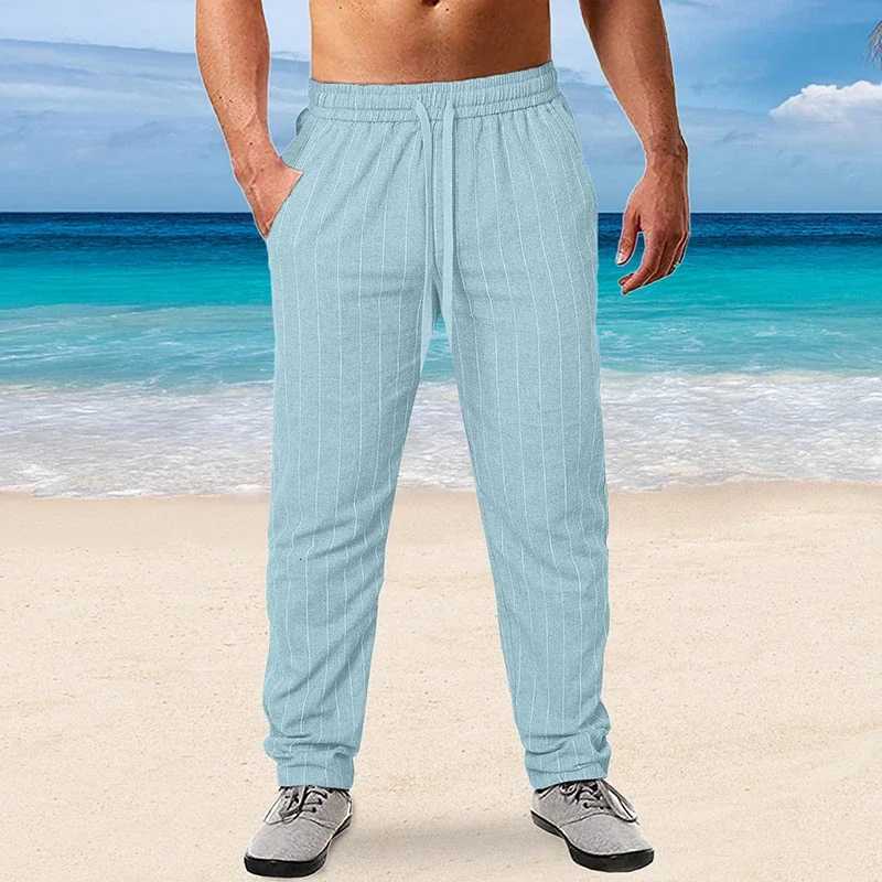 New Mens Cotton Linen Trousers Design Vertical Stripes Breathable Pants Casual Baggy Elastic Waist Straight Leg Sweatpants W250819