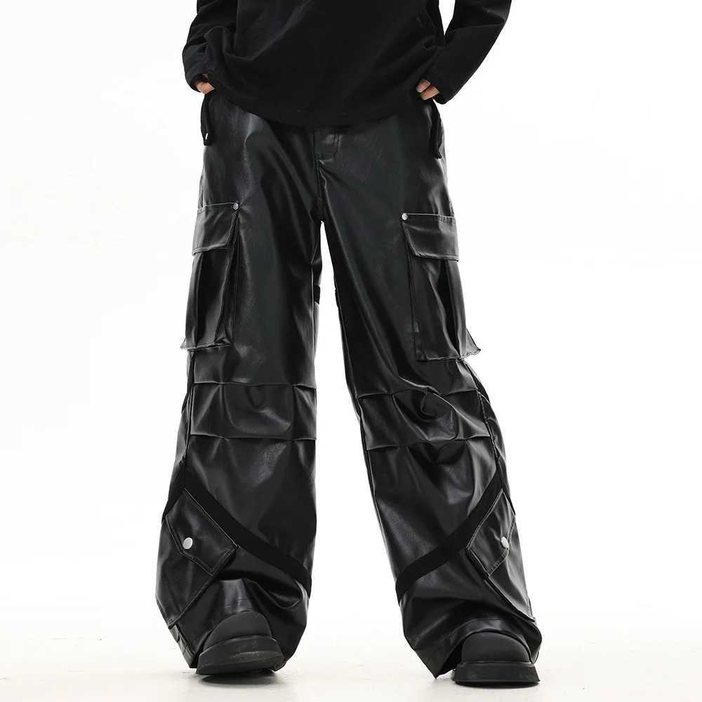 Rock Leather Pants Thickened High Street Pleated Multi-Pocket Loose Straight Pants for Men W250819
