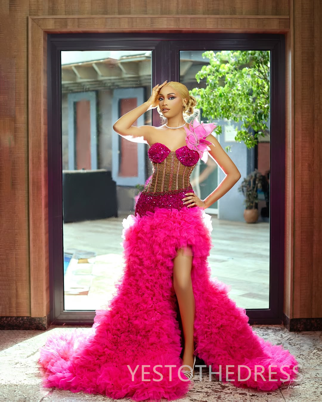 Hot Pink Mermaid Prom Dress 2025 Evening Dresses Robe De Sorrie One Shoulder Flora Tiered Tulle Side Split Beaded Birthday Dress Second Reception Gown