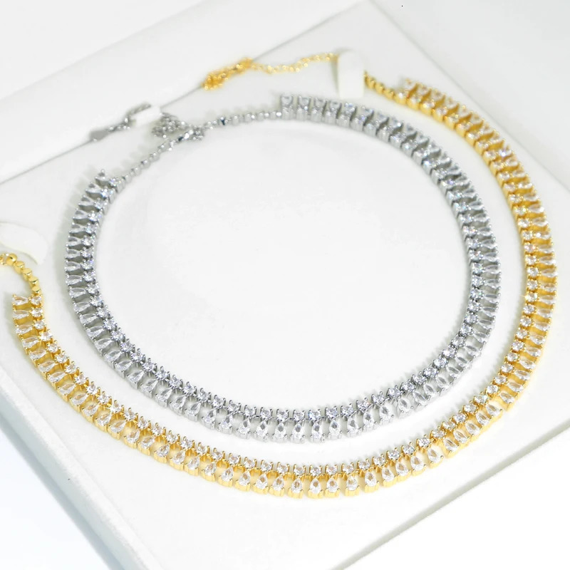 Iced Out Bling Tear Drop Necklace Silver Color Round Cubic Zirconia Cz Tennis Paved Link Chain Choker For Women Jewelry 250815