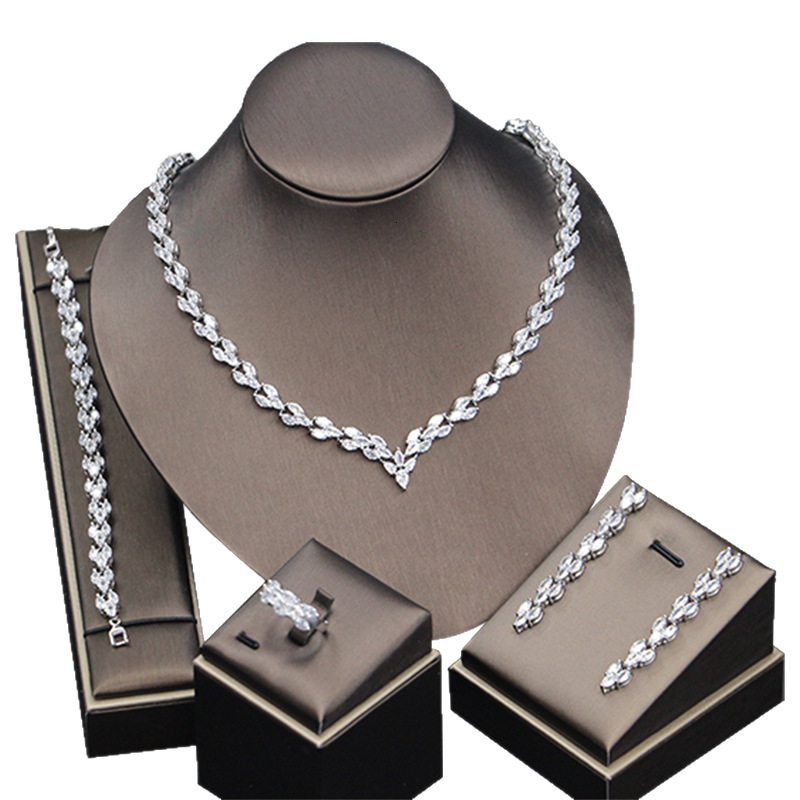 Fashion Leaf 4pcs AAA CZ Women Bridal Wedding Jewelry Set Earring Necklace Set parrure bijoux femme mariage 250417 - view 6