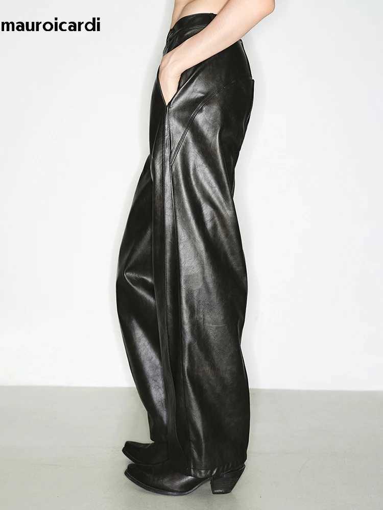 Mauroicardi Spring Autumn Long Loose Casual Cool Black Pu Leather Straight Pants For Men Luxury Designer Clothes Trouser 2023 W250819