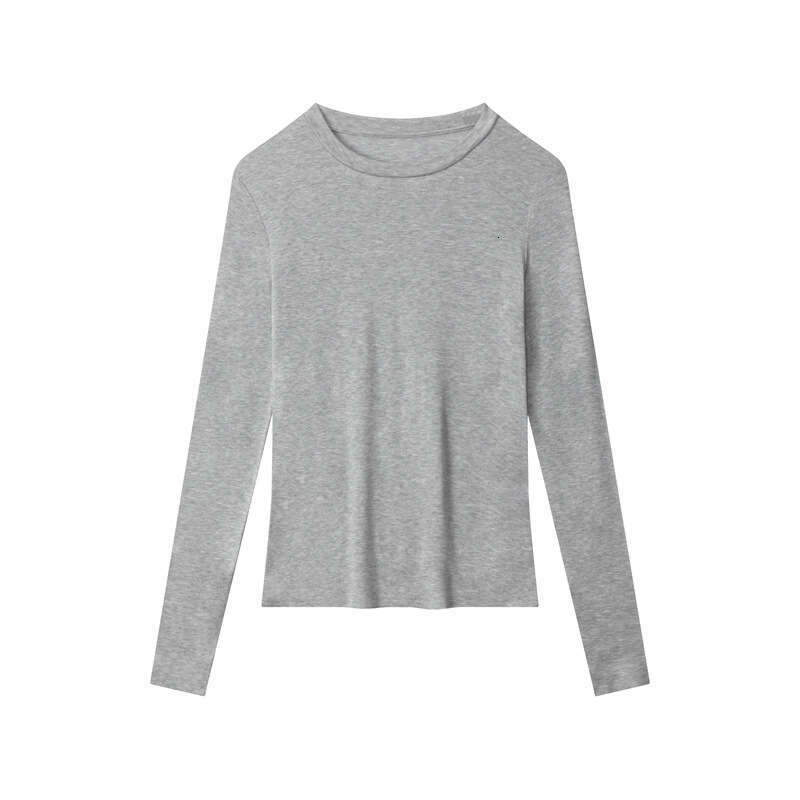 Solid Color Simple Cuff Finger Design Round Neck Long Sleeve Base Shirt Women Versatile Top Ins B5