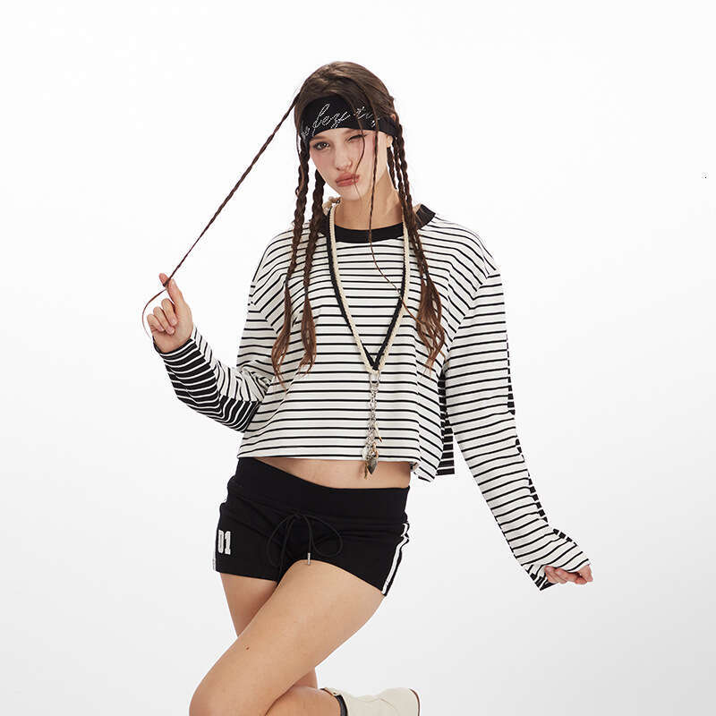 Autumn Black And White Striped Short Hot Girl Top Slim Fit Long Sleeve T-Shirt Women's Base Shirt B5