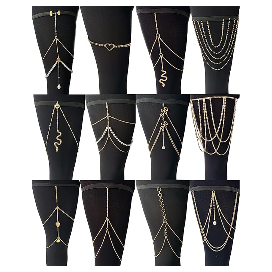 12Pcs Thigh Chains Snake Heart Pearl CZ Leg Chain Boho Layered Body Chain Summer Beach Party Body Jewelry for Women Gold Tone