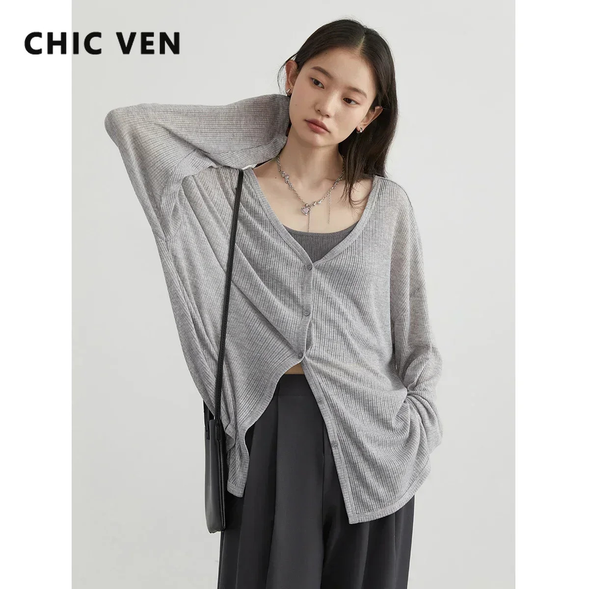 CHIC VEN Womens Cardigan Vneck Long Sleeved Female Shirt Jumpers Sun Protection Woman Top Spring Summer 250819