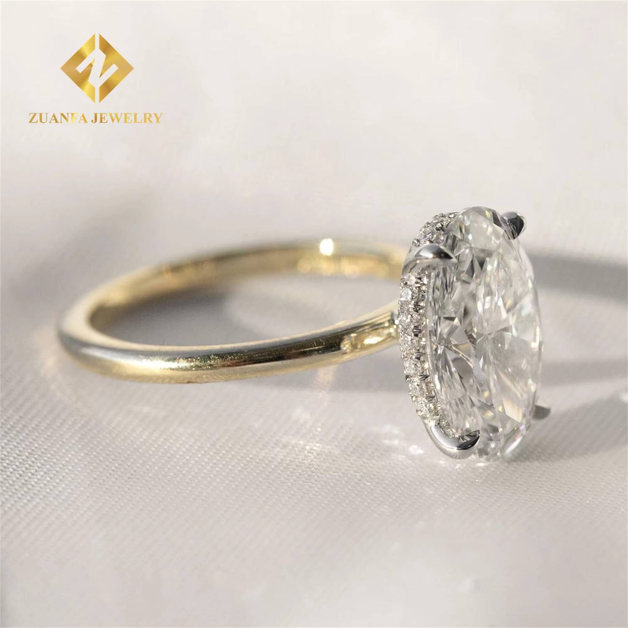 Custom Made 18k Solid Gold Luxury Gorgeous Bridal Wedding Jewelry 3Ct Crushed Oval Lab Grown Diamond Engagement Wedding Ring