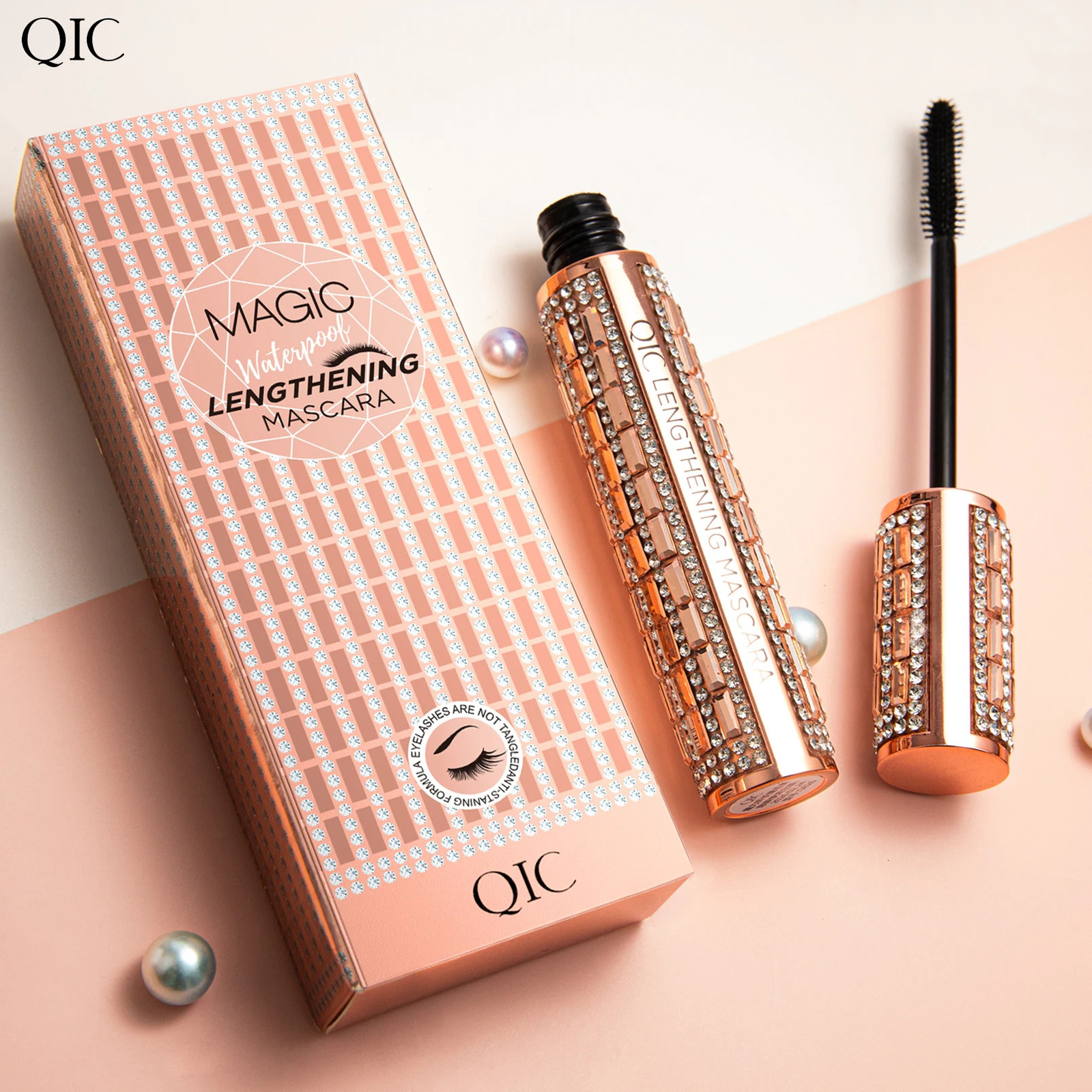 QIC Fashion Diamond 4D Mascara Waterproof Eye Make-up Cosmetics Peanut Silicone Brush Lengthening Curl Lashes Fast Dry 250818