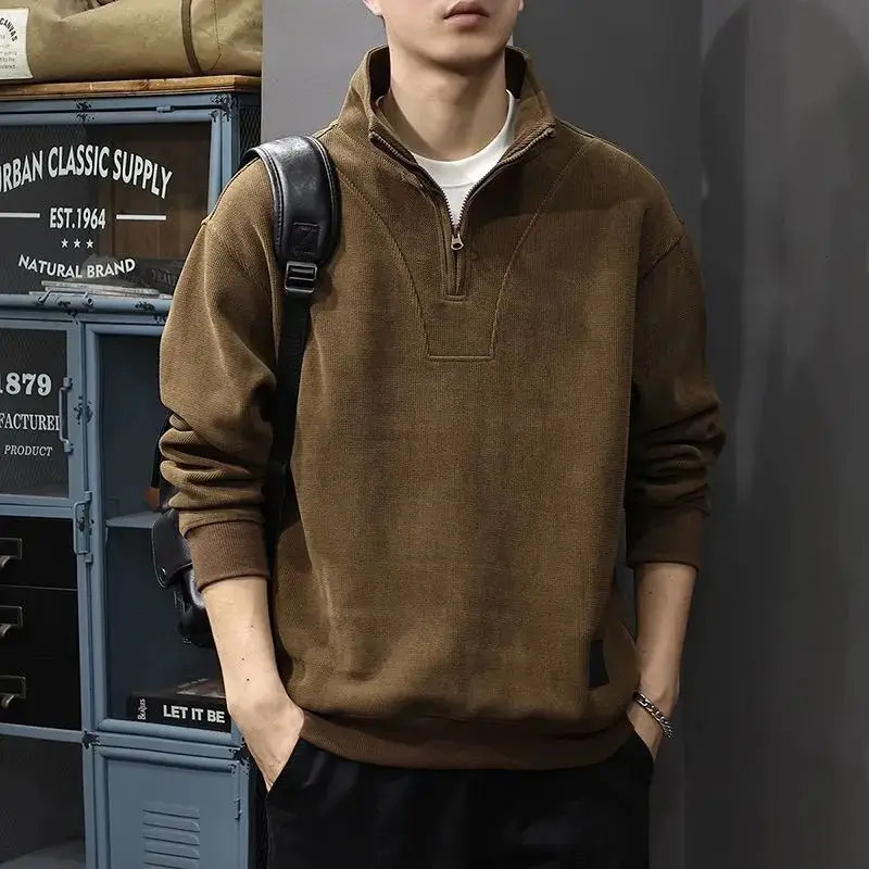 Autumn and Winter Spliced sweatshirt Mens Retro Long-sleeved Polo Shirt Loose Half Zipper Stand Collar T-shirt 250818