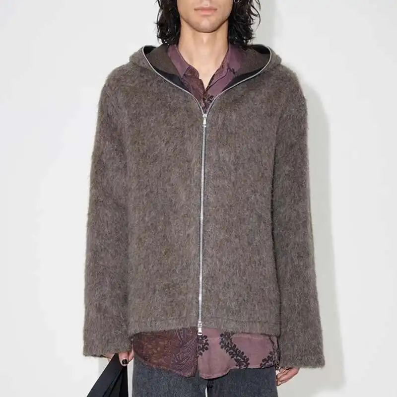 IEFB American Style Mens Cardigan Hooded Zipper Mohair Tops Solid Color Casual Loose Knitting Male Sweaters Menswear 9W201 250819