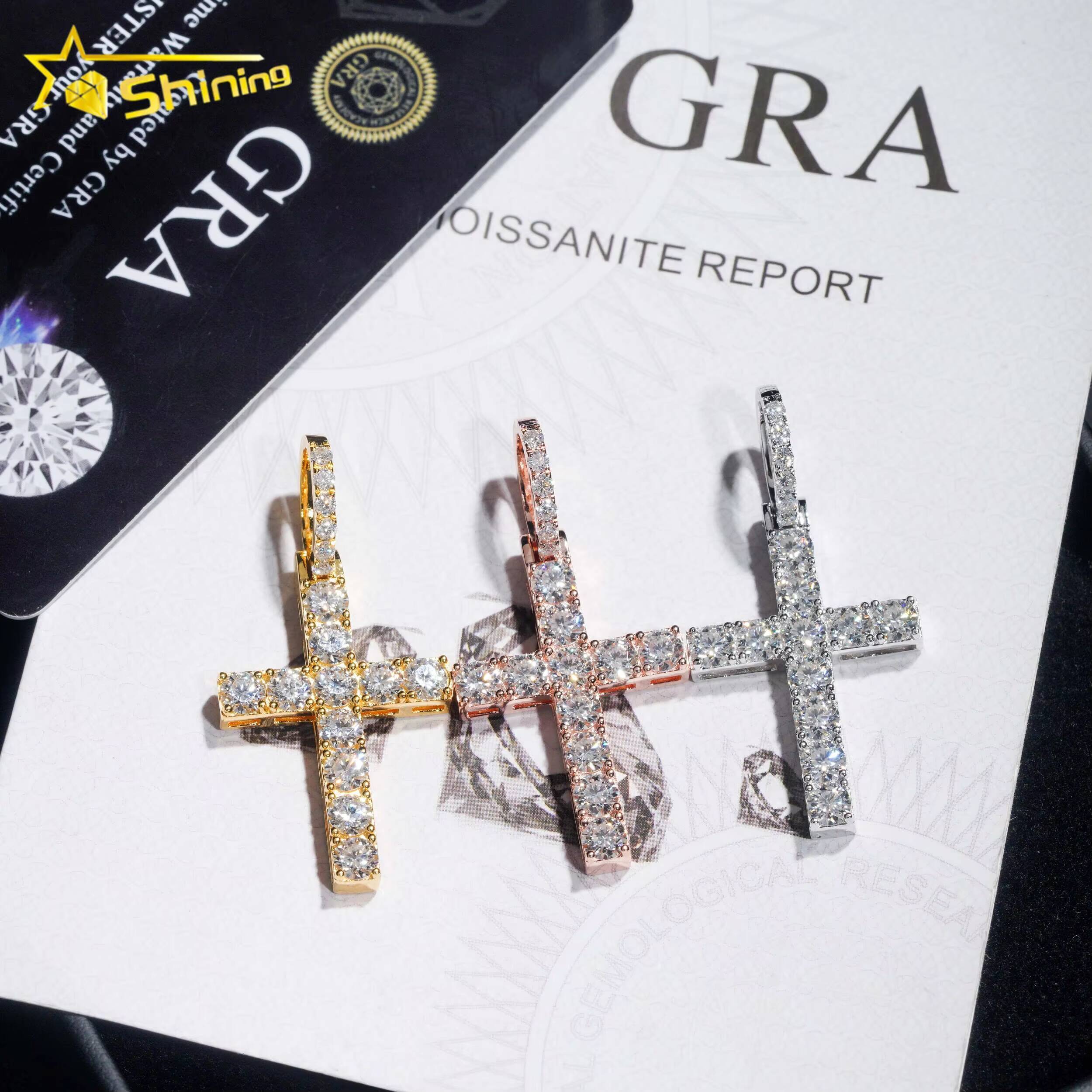 Fine Jewelry Ready to Ship 925 Sterling Silver Hip Hop Cross 4MM Diamond Moissanite Pendant