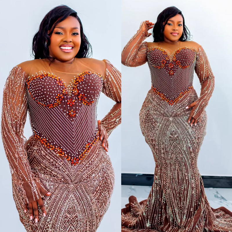 Plus Size Mermaid Prom Dress 2025 Evening Dresses Robe De Sorrie Sheer Neck Beaded Lace Long Sleeves Crystals Birthday Dress Second Reception Gowns AM