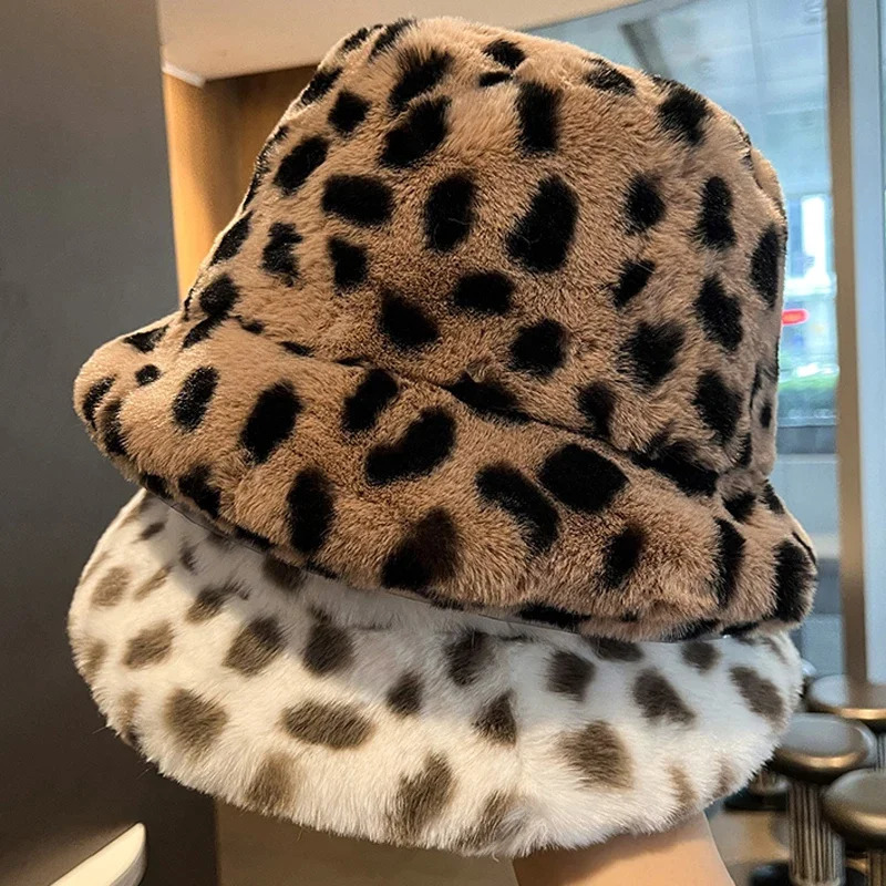 Autumn Winter Panama Hat for Women Faux Fur Bucket Hats Cow Print Plush Velvet Warm Panama Hat Fisherman Hats Vacation Cap 250819