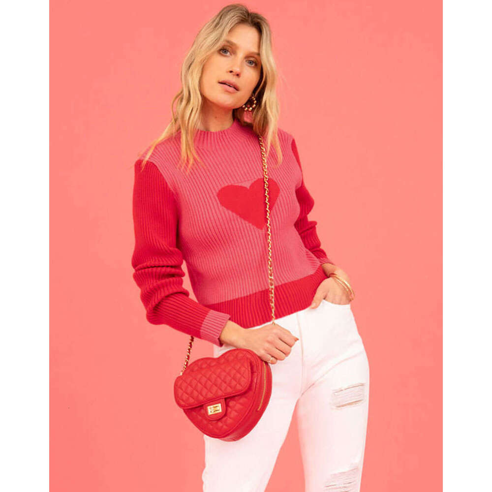 Women's Valentine's Day Autumn Winter High Neck Color Block Heart Peach Slim Sweater B5