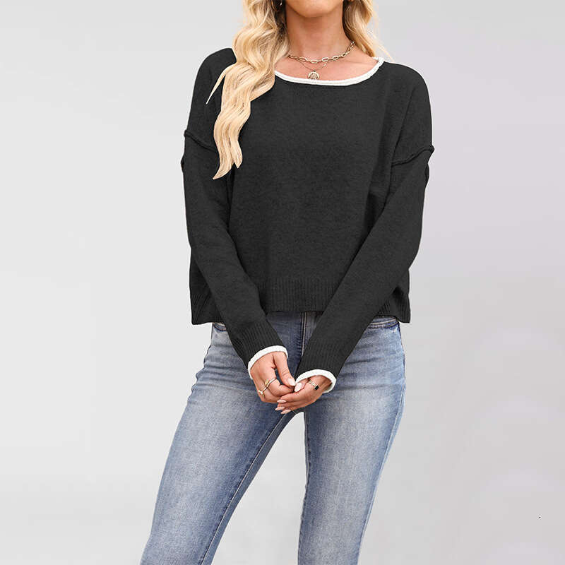 New Women's Clothing Autumn Winter Round Neck Color Block Knitted Loose Versatile Pullover Sweater B3