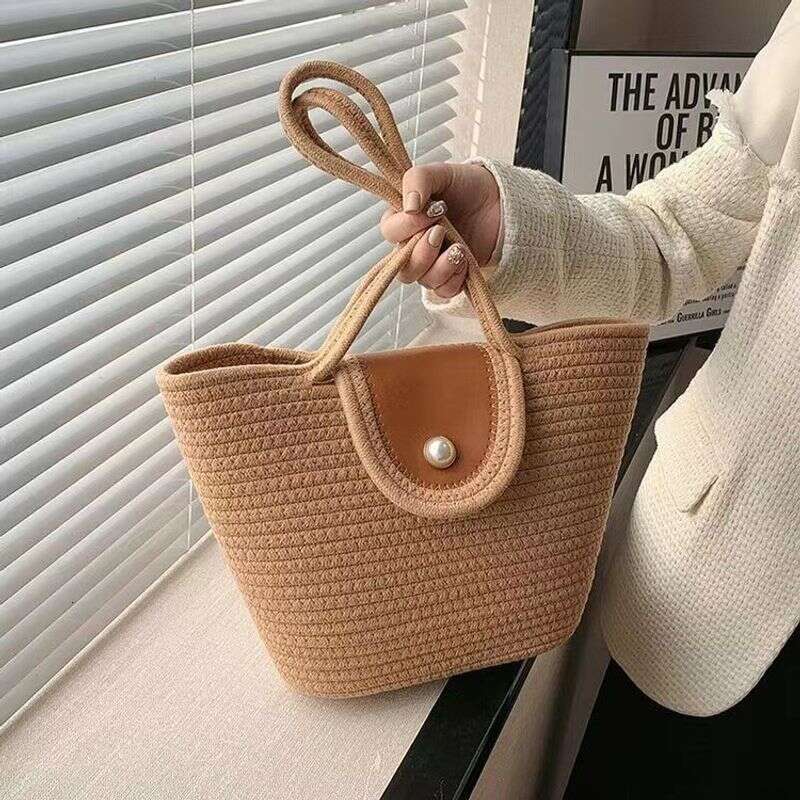 Spring and summer women's grass woven bags, magnetic buckle cotton rope handbags, beach bags