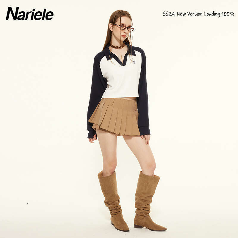 Spring New American Style Hot Girl Slim Fit Short T-Shirt Color Block V-Neck Long Sleeve Top For Women B5