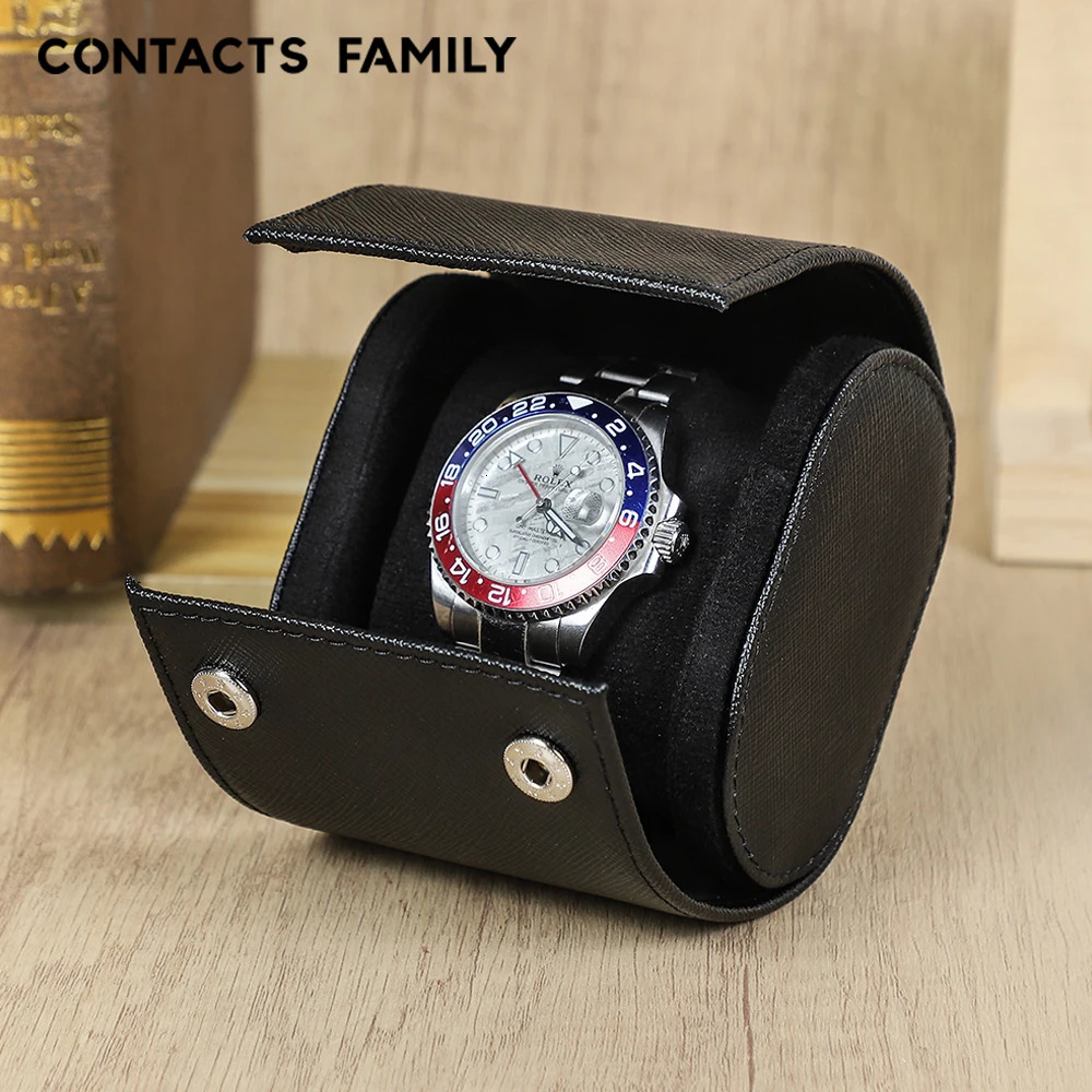 CONTACTS FAMILY Genuine Leather Single Watch Roll Travel Case Portable Watch Storage Organizer Wristwatches Organizer Box 250819