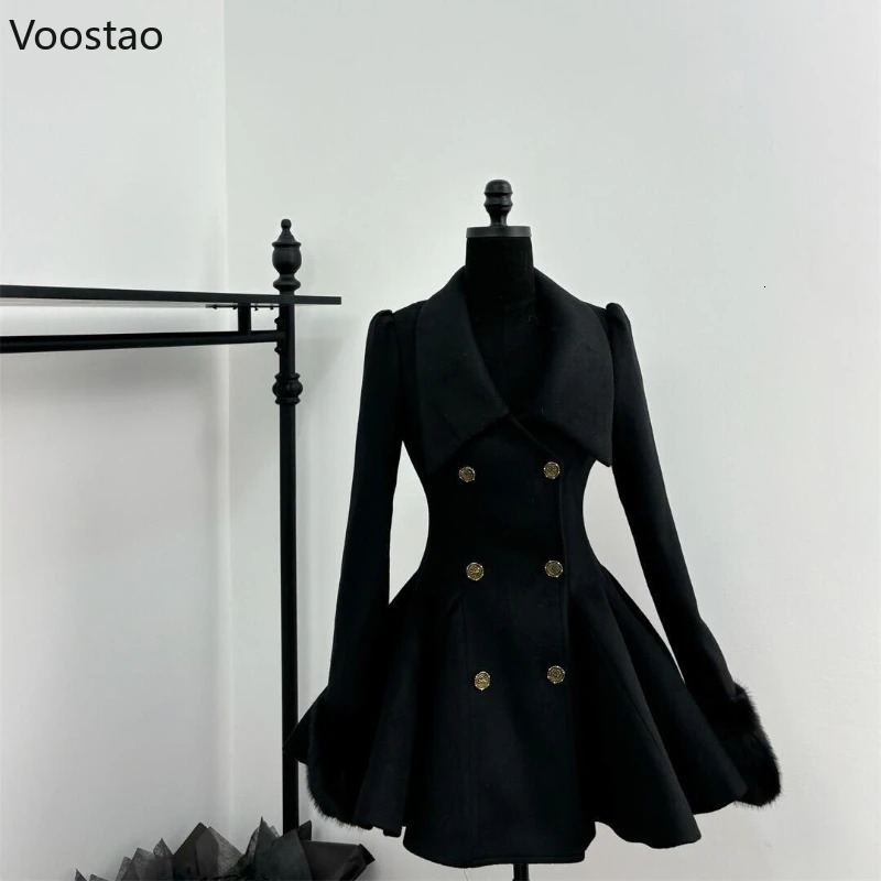 Autumn Winter Japanese Elegant Lolita Woolen Coat Women Sweet Fur Collar Slim Jacket Female Korean Y2k Warm Dress Cute Overcoat 250818