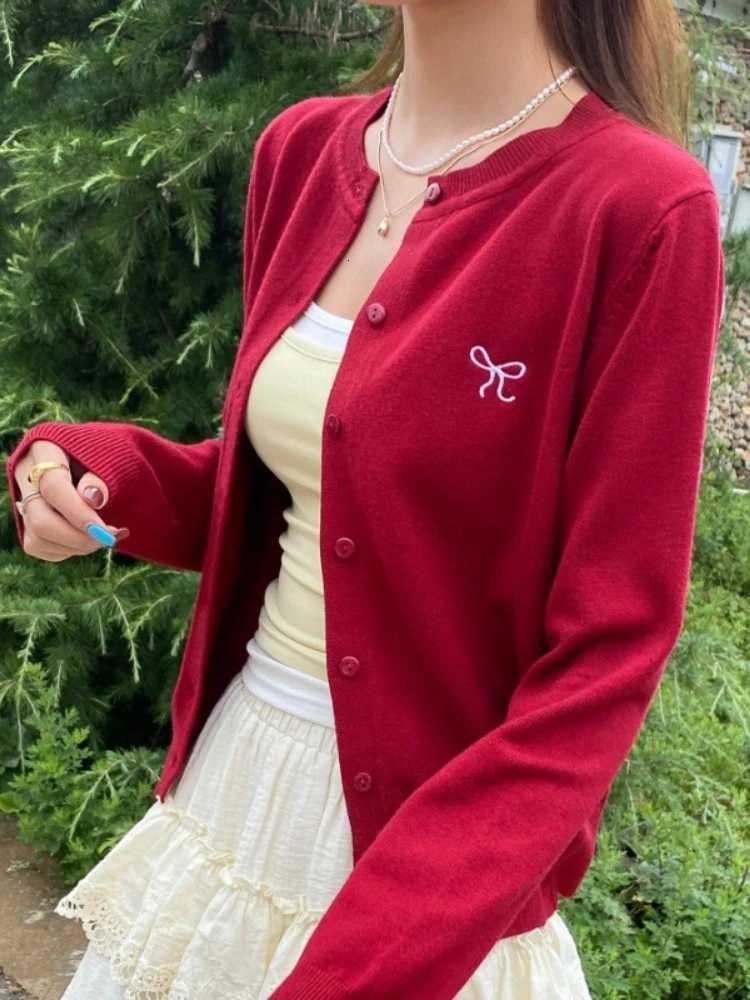 Korean Bow Embroidered Knitted Cardigan Women 2025 Autumn Winter Solid Full Sleeve Sweater Fashion O-Neck Single-Breasted Tops XJ250819
