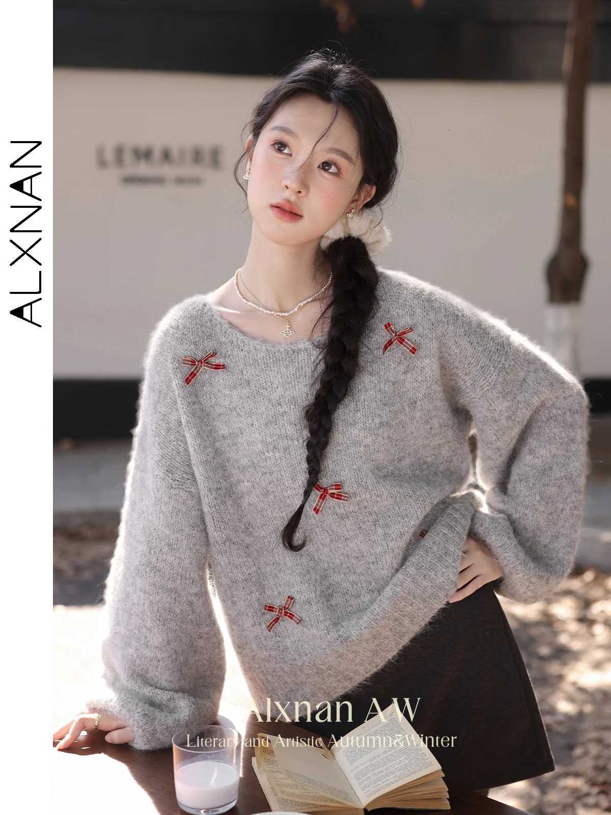 ALXNAN Women Gray Pullovers O-neck Plaid Bow Loose Knitted Lantern Long Sleeve Tops Women Winter Sweaters Fe Clothing L52690 XJ250819