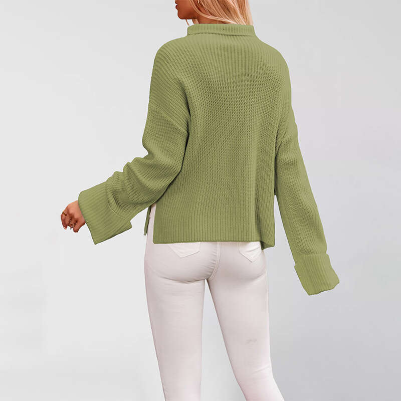 New Women's Autumn Winter Solid Color Flared Sleeve Pullover Crew Neck Sweater Knit B5