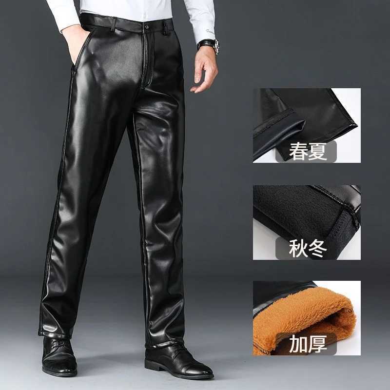 Men Gothic Pants Plus Fleece Thickened Winter Waterproof Straight Loose Elastic Comfortable Moto Biker Casual Leather Trousers W250819