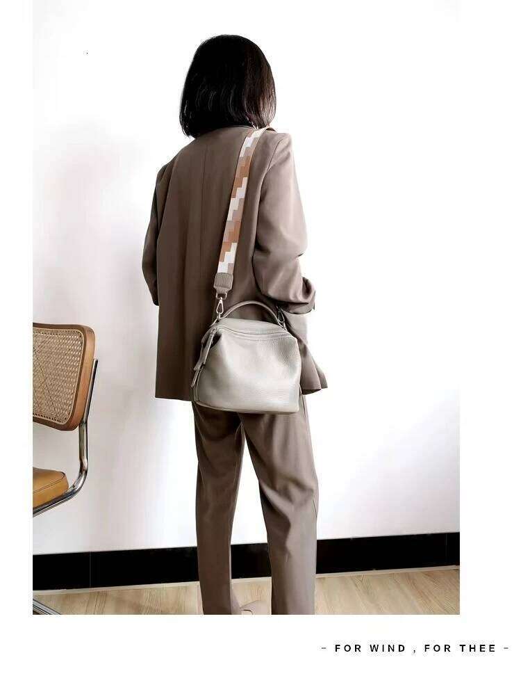 Beige Solid Color Cowhide Leather Women S Handbag Female Shoulder Bag Straps All Match Soft Cowskin Tote