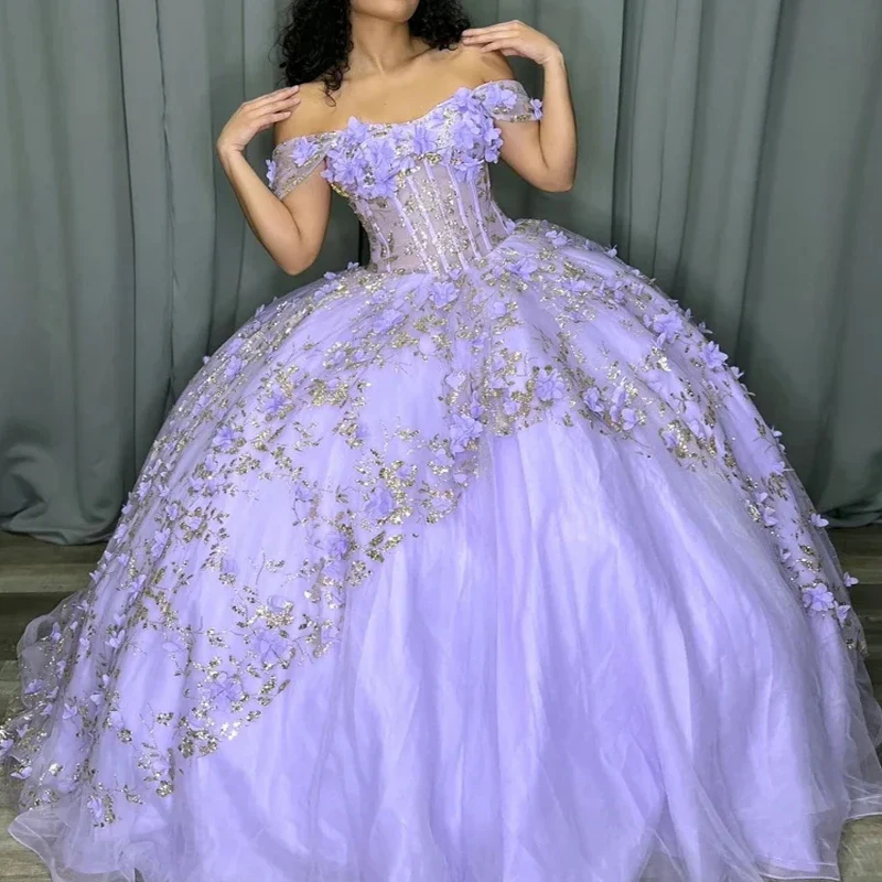 Lavender Shiny Quinceanera Dresses Beads Gold Sequin Appliques Flower Ball Gown Off The Shoulder Birthday Party Vestidos 15 Anos Sweet 16 Dress