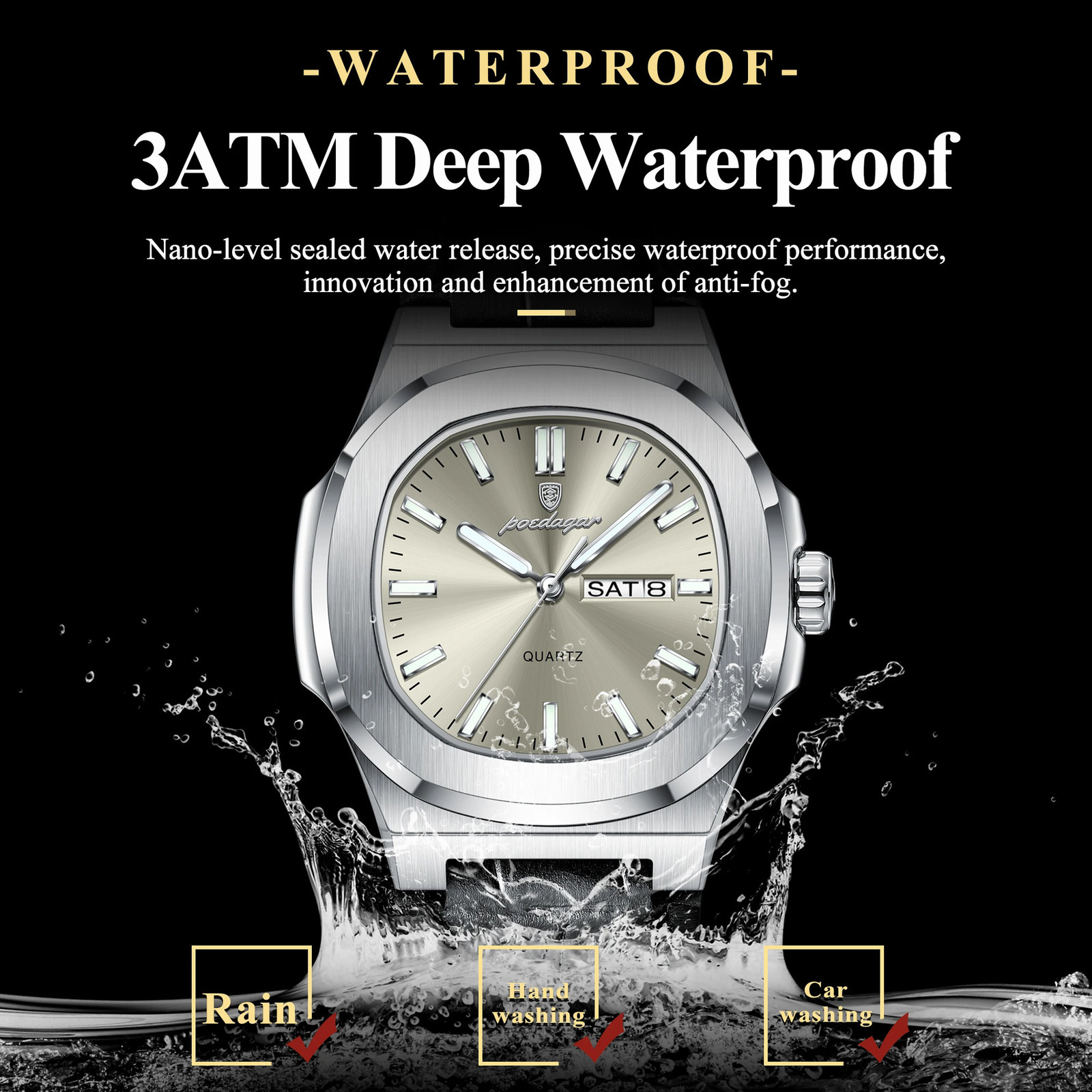 POEDAGAR High Quality Watch For Men Luminous Waterproof Week Calendar Man Clock Leather Square Mens Quartz Watches Reloj 250819