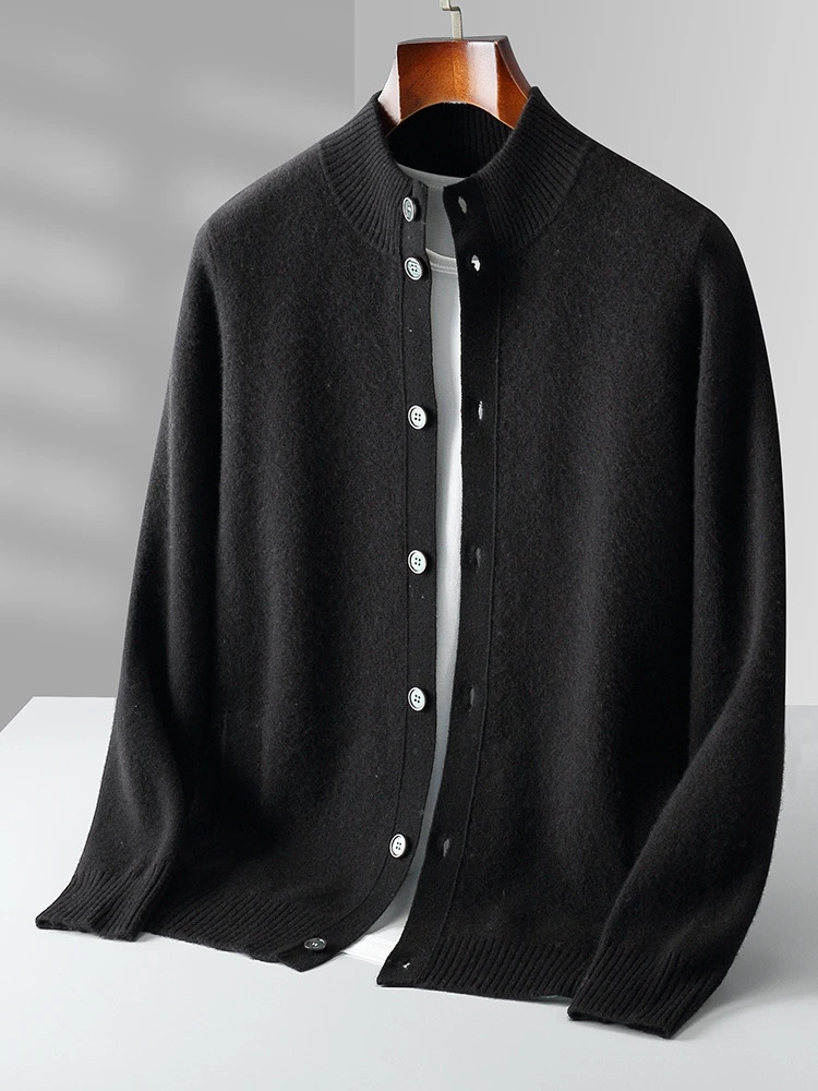 Mens Thick Sweater 100% Merino Wool Knitwear Cardigan Cashmere Buttons Coat Autumn Winter Mock Neck Pockets Casual Clothing Top 250819