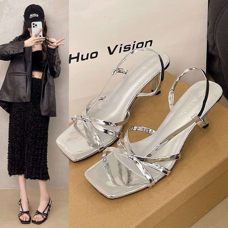 Internet Shoe Celebrity Elegant Thin Strap Socialite Designer Shoes Stiletto Open-Toe Heels 2025 Fairy Style Summer French Cross High Heel Sandals