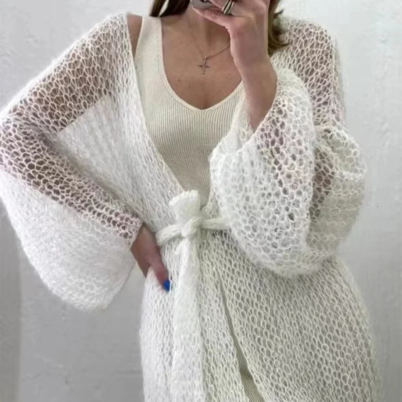 Knitted Open Stitch Cardigan Sweater for Women Autumn Winter Solid Fashion Front Pocket Long Coat Loose 250819