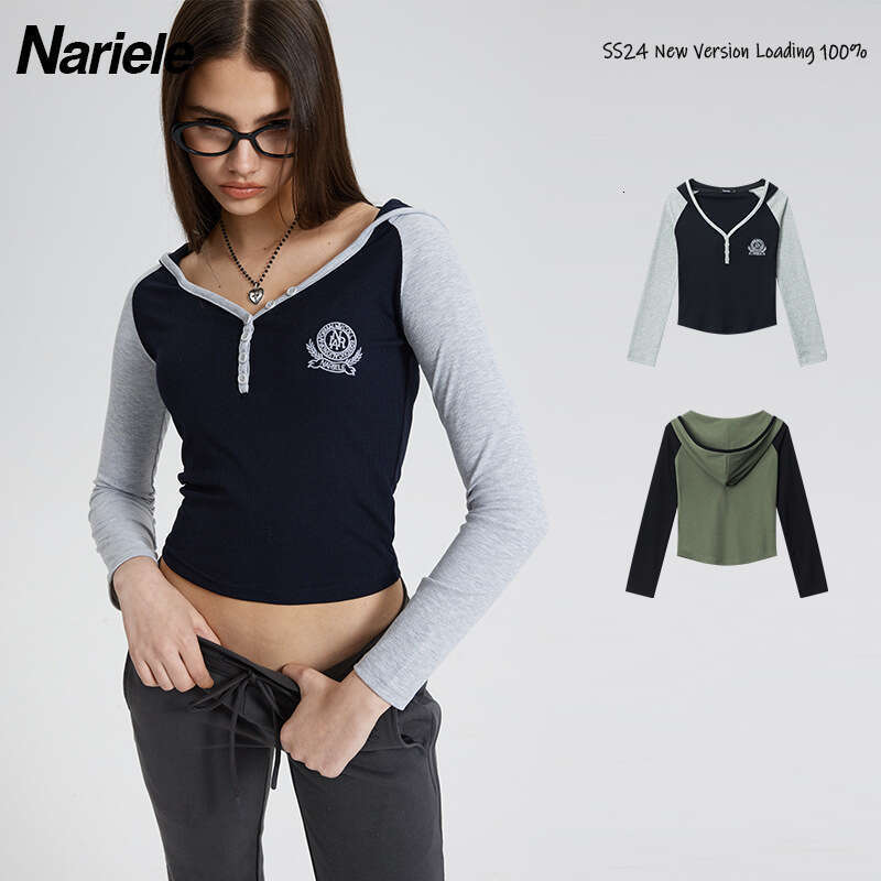 Cotton Thread Embroidery Color-Block Hooded Hot Girl Short Long Sleeve T-Shirt Crop Top For Women B3