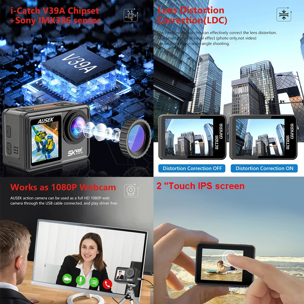 AUSEK S81TRW Action Camera 5K 4K60FPS 48MP DVR EIS With Optional Filters 5X Zoom 1080P Webcam Vlog Wi-Fi Sports Cam With Remote 250813