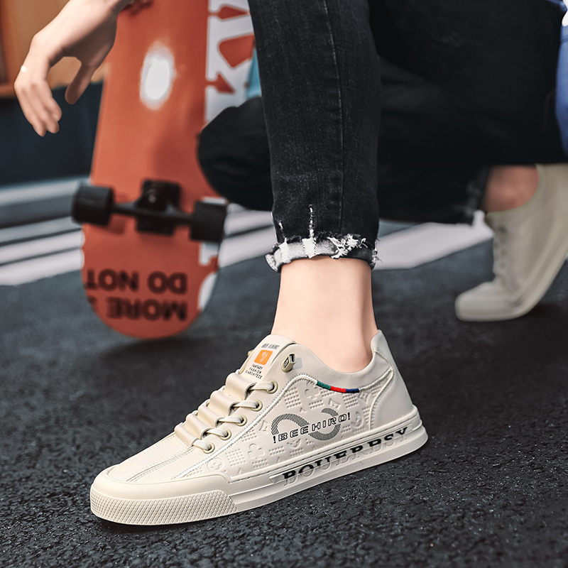 Men's shoes spring and summer new genuine leather breathable high-end sense of printed shoes leisure sports white shoes