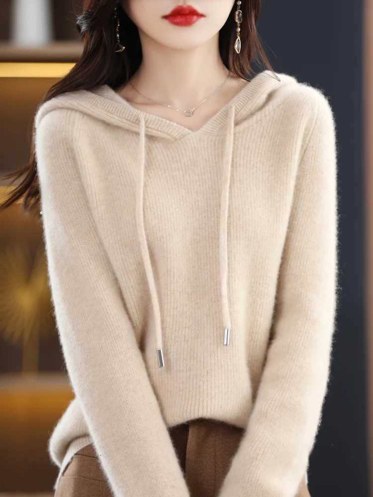 100% Merino Wool Womens Hoodie For Autumn Winter Fashion Casual Soft Comfortable Knitted Sweater XJ250819