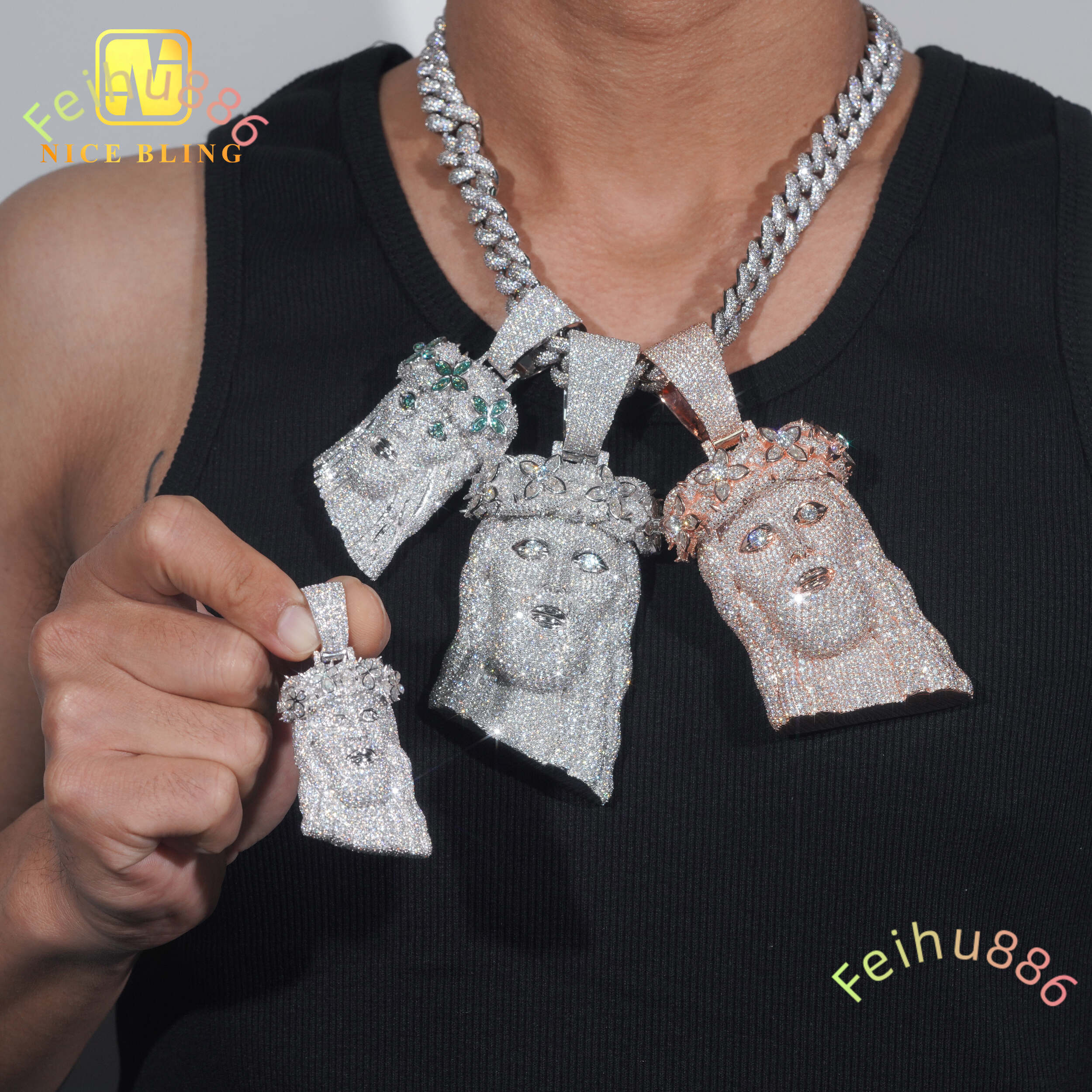 Luxury Rapper Style Hip Hop Flower Bezel 925 Sterling Silver Fully Iced Out Jesus Moissanite Collection of Pendants for Men