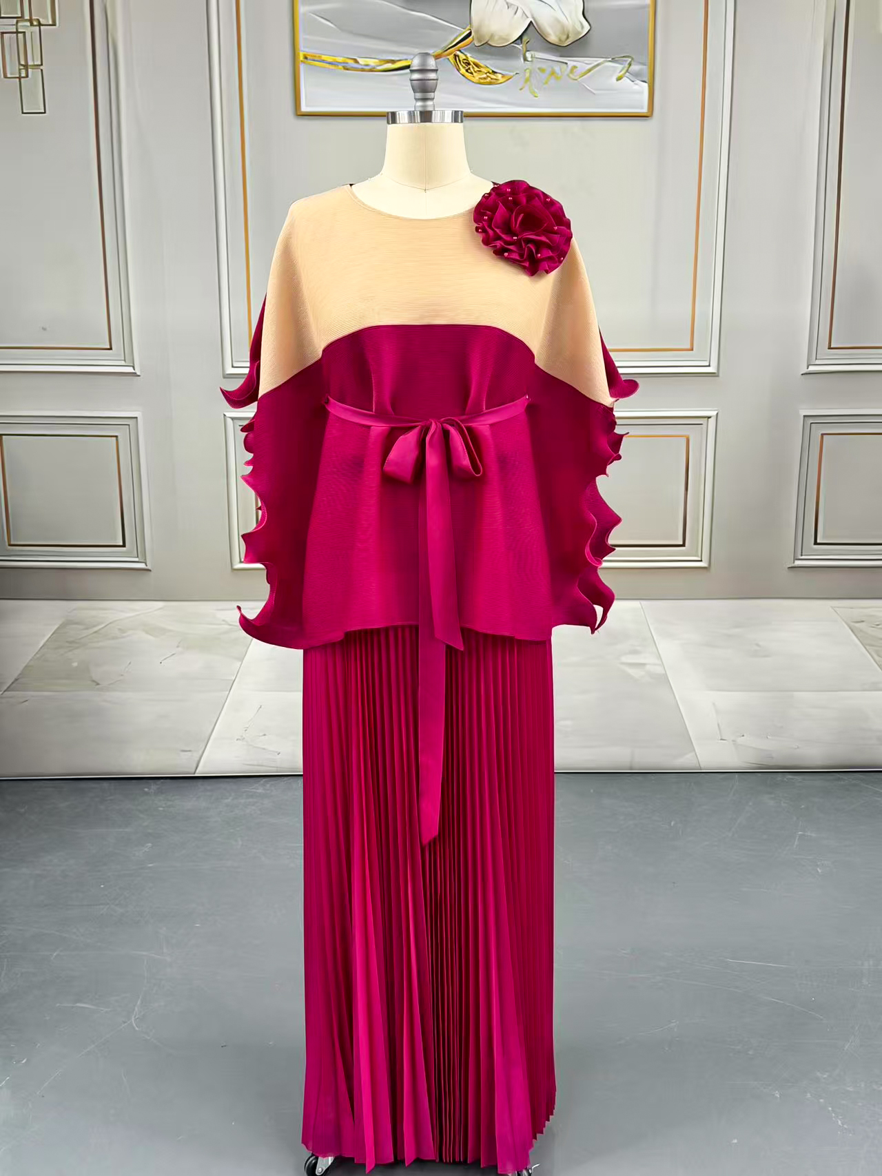 Pleated skirt top set Fashionable Dual Pack of Pleated & Multi-Colored Overall Outfits Two pairs of pleated and color-blocked overalls 25306