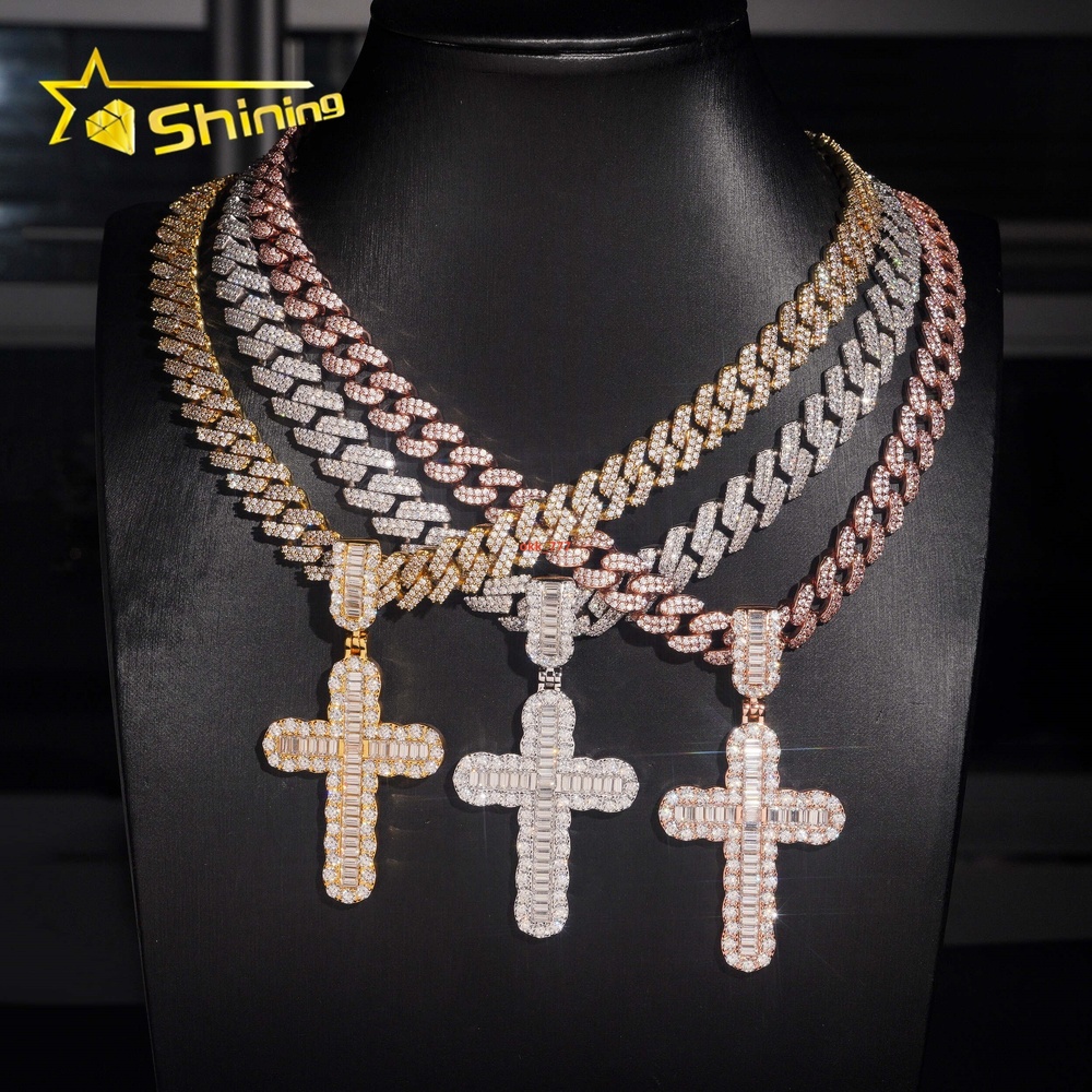 New Arrivals Hip Hop Style Rapper Jewelry 925 Silver Baguette Charms Moissanite Cross Pendant